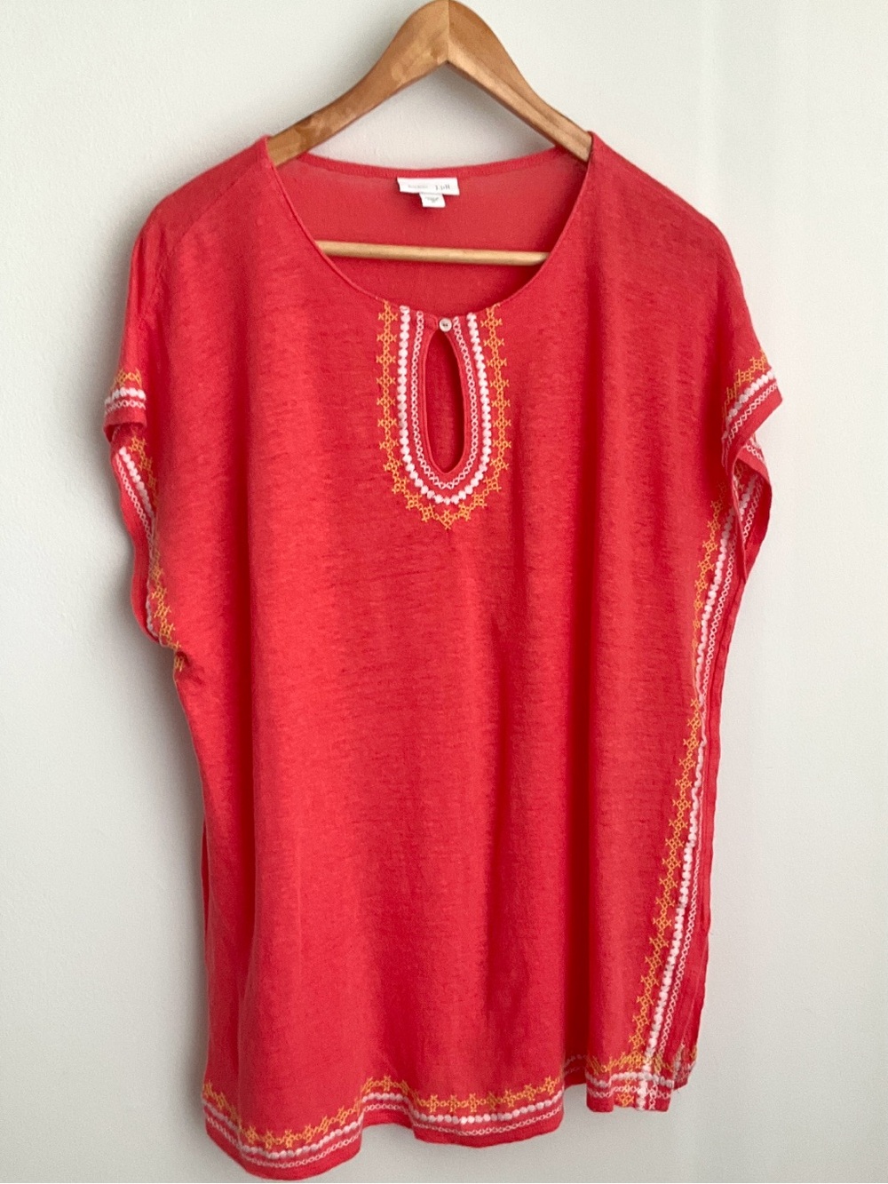 J. Jill Medium Coral Linen Embroidered Keyhole Tunic
